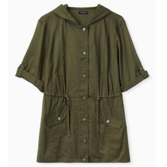 torrid Jackets & Blazers - Torrid - Voile Button Front Short Sleeve Green Cotton Anorak w Hood - 2X - 18/20